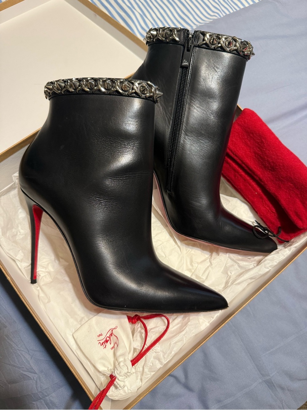 Christian Louboutin Forever Girl 100 Leather Ankle Boots with Silver Chain Trim